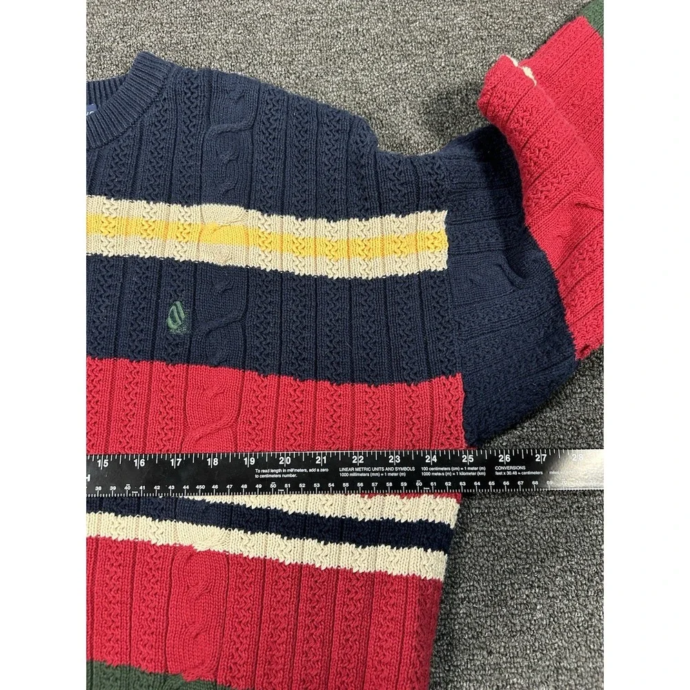 Vintage Nautica Sweater Men Large Cable Knit Rugby Striped‎ Fisherman Preppy Red
